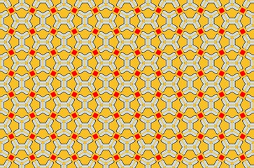 A yellow and red patterned background with a white and red square in the middle