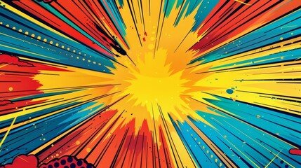 Colorful comic-style explosion with dynamic lines and splashes radiating from the center. Pop art concept.
