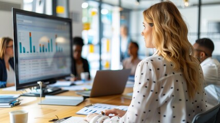 A focused businesswoman reviewing data on a large screen in a modern office, highlighting the importance of analytics in a collaborative professional setting.