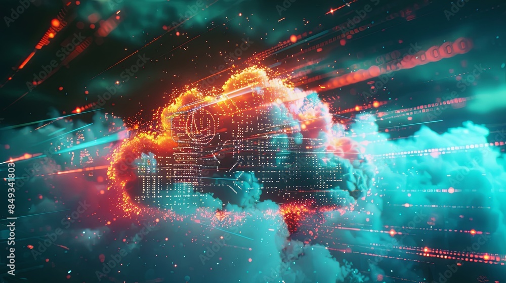 Poster a futuristic, abstract visualization of cloud computing, depicting digital elements representing dat