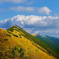 Fototapeta premium green mountain valley under blue cloudy sky