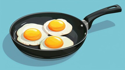 Frying pan with three fried eggs on a blue background. Minimalism. Preparing homemade breakfast.
