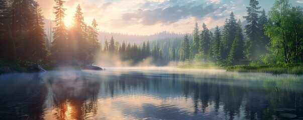 Tranquil forest lake at sunrise with mist rising from the water, 4K hyperrealistic photo