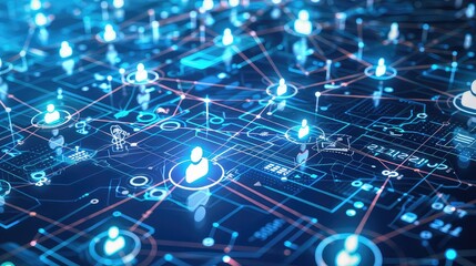 Global network structure with interconnected nodes representing data exchange, Technology, Blue and white hues, Digital illustration