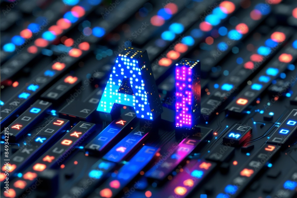 Poster close up of ai digital letters on a futuristic circuit board, highlighting artificial intelligence i