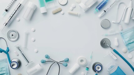 Bright high-key medical mockup featuring a variety of healthcare tools and medications