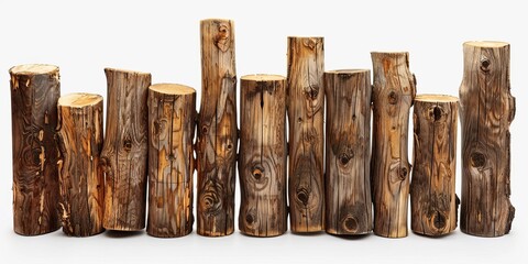 Section of a wooden railing made of round poles isolated on white