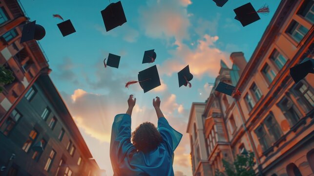 In the spirit of education and achievement, students celebrate by joyfully throwing their graduation caps in the air, symbolizing the culmination of their academic journey and the beginning 
