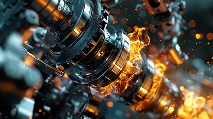 A dynamic illustration showcasing the inner workings of a car engine, featuring engine pistons, valves, and a crankshaft in action. Precise ignition timing of the pistons, accompanied by explosions 