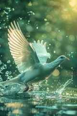 A white dove was flying over the water, spreading its wings and making ripples on the surface.