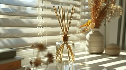 Fototapeta premium Sunlit Diffuser and Dry Flowers on Windowsill