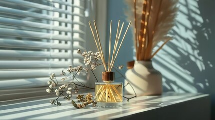 Sunlit Diffuser and Dry Flowers on Windowsill