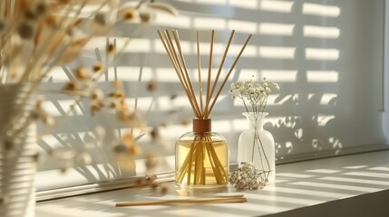 Fototapeta premium Sunlit Diffuser and Dry Flowers on Windowsill