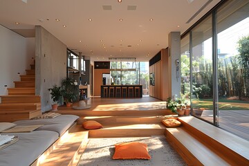 Fototapeta premium Cozy Living Room Retreat with Pillows and Plants