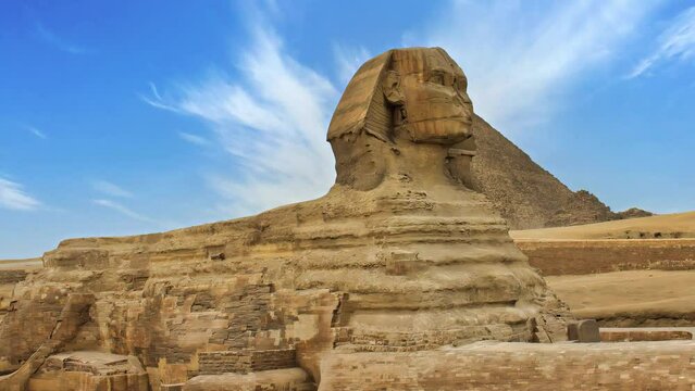The Sphinx and the Great Pyramid at Giza, Cairo, Egypt.