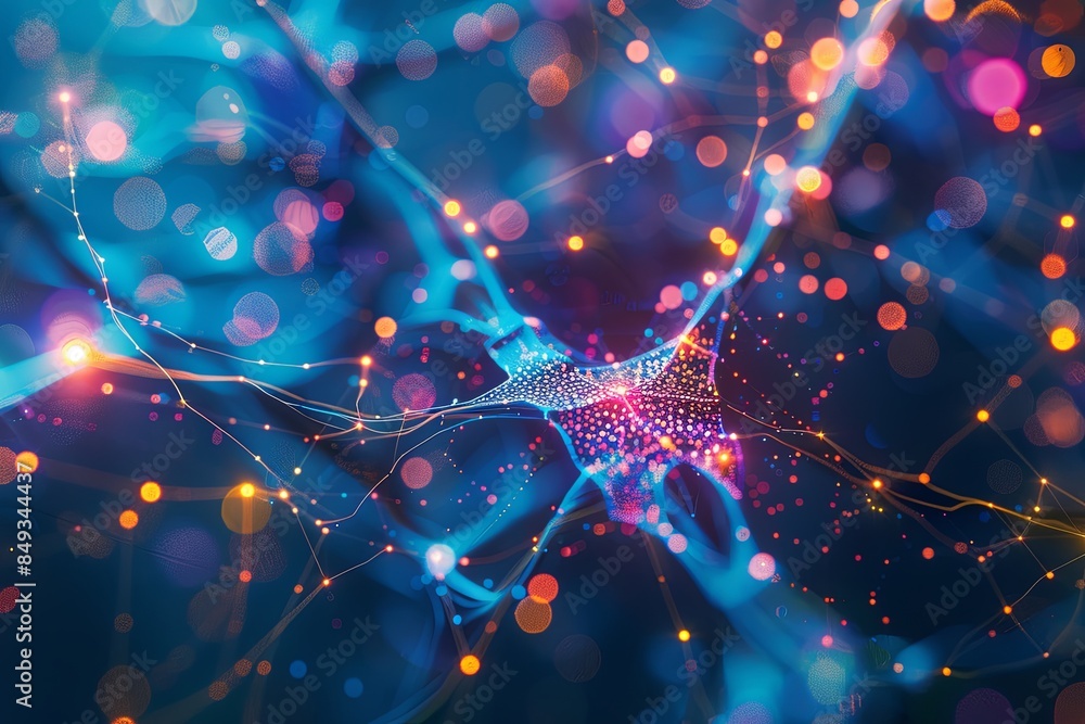Poster Digital illustration showing intricate neural network structure with interconnected nodes enabling AI data processing and learning. Generative AI