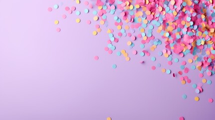 Pastel confetti scattered on a purple background. Flat lay composition with copy space.