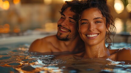 Obraz premium Couple smiling and relaxing in hot tub. Close-up portrait in spa environment.