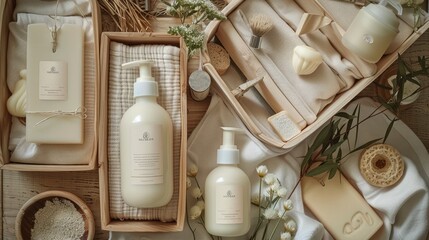 Immerse yourself in the purity of nature with Wholesome and Organic Baby Care Sets, featuring a selection of organic products for baby wellbeing. Generative AI.