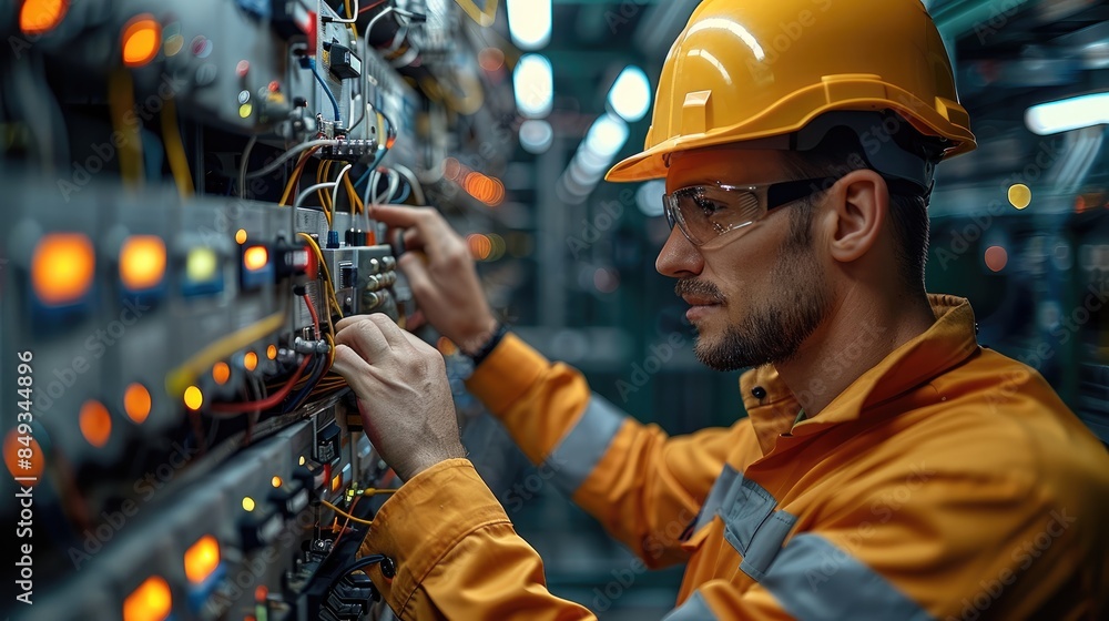 Poster electrical maintenance service, engineer checking voltage at circuit breaker terminals and cable wir