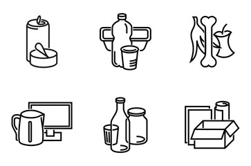 Waste sorting stickers set in bold line