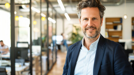 Fototapeta premium Smiling professional man in suit standing in a bright contemporary workspace