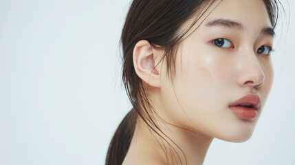 Naklejka premium beautiful young asian woman with clean and fresh skin on white background
