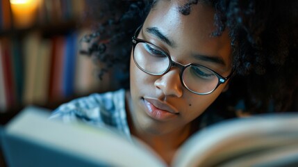 Young African American Woman Reading a Book Intently. World Dyslexia Awareness Day