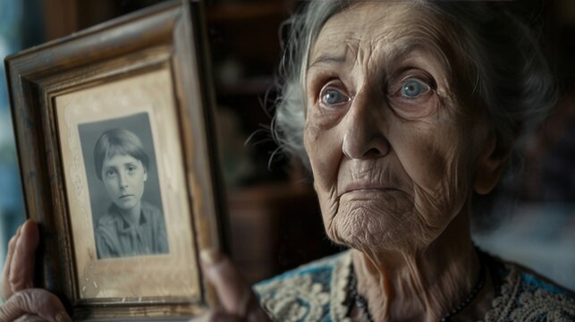 Elderly Woman Holding Vintage Photograph . International Day of the Disappeared