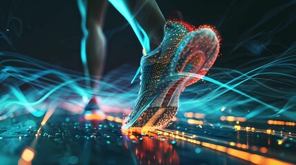 Abstract hologram, shoes and sports for fitness, run and speed for health tracking outdoor, Generative AI illustrations.