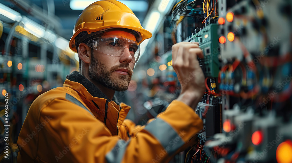 Leinwandbilder electrical maintenance service, engineer checking voltage at circuit breaker terminals and cable wir