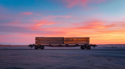 Fototapeta premium Solitary freight car carrying oversized cargo at dusk with vibrant sunset sky