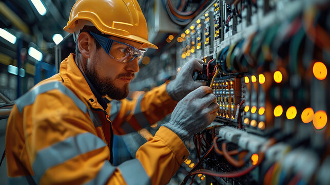 Electrical maintenance service, engineer checking voltage at circuit breaker terminals and cable wiring on main power distribution board with AC voltmeter. Generative AI.