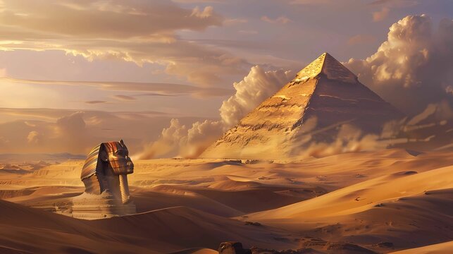 A large desert dunes with the head of the spinx and the top of the pyramids look out of the dunes, desert mood, Generative AI illustrations. 