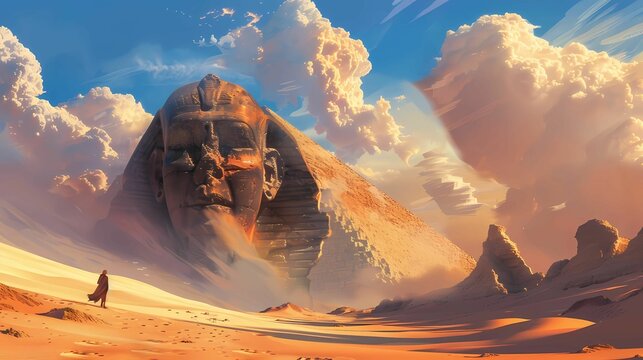 A large desert dunes with the head of the spinx and the top of the pyramids look out of the dunes, desert mood, Generative AI illustrations. 