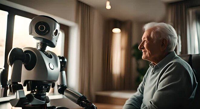 Senior man with a robot.