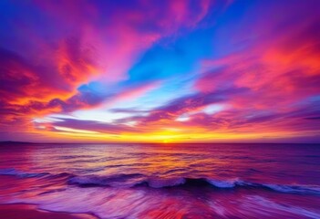 Obraz premium A vibrant, colorful sunset over the ocean with waves crashing on the shore