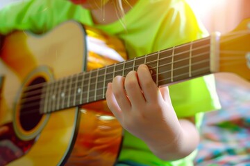 Obraz premium Child practices chords on an acoustic guitar dressed in vibrant lime green
