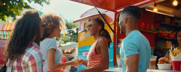 Friends attending a food truck festival for National Food Truck Day, tasting diverse and delicious foods, 4K hyperrealistic photo.
