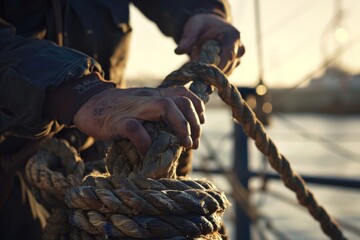 Obraz premium Detail of a sailor's hands tying a rope on a boat at sunset
