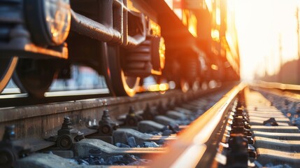 Close-up of railcar coupling on tracks during a vibrant sunset