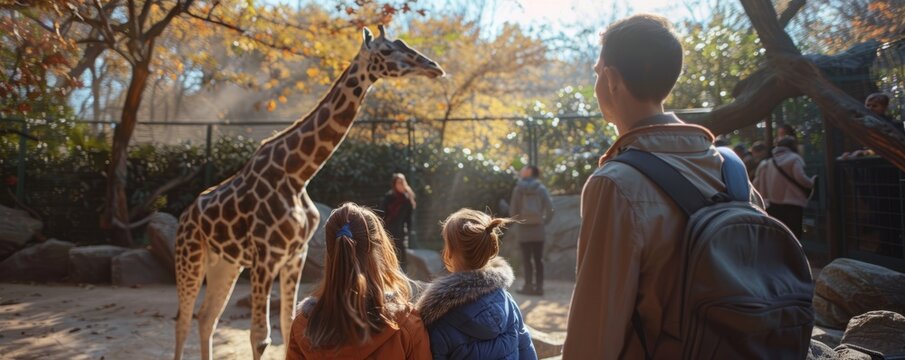Family visiting a zoo for National Animal Shelter Appreciation Week, November 7th, learning about and supporting shelters, 4K hyperrealistic photo.