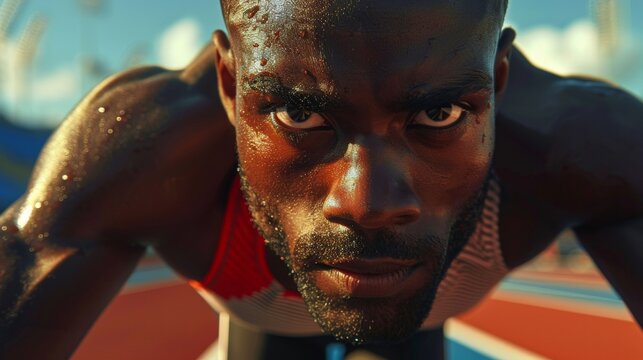A young male runner crouches on the track, his eyes focused on the finish line. He is about to give it his all in the race.