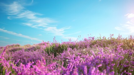 Naklejka premium Summer meadow scene with purple heathers and a backdrop of clear blue skies, perfect for copy space for text