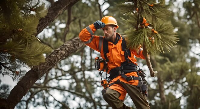 Lumberjack working hanging in a tree.