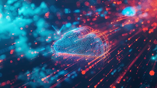 An abstract visualization of cloud computing with digital elements representing data processing and AI operations in the cloud. Generative AI