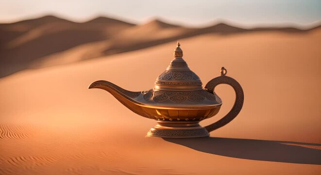 Arabian magic lamp in the desert.