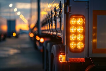 Illuminated truck tail lights on a semi-trailer at dusk with bokeh lights