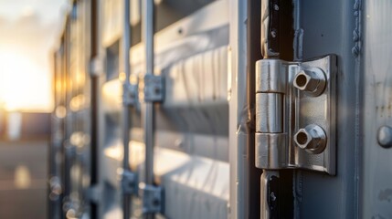 Close-up of secure locking mechanisms on a cargo container at sunset