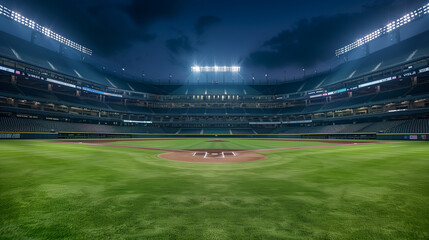 Empty Baseball Stadium at Night with Bright Lights